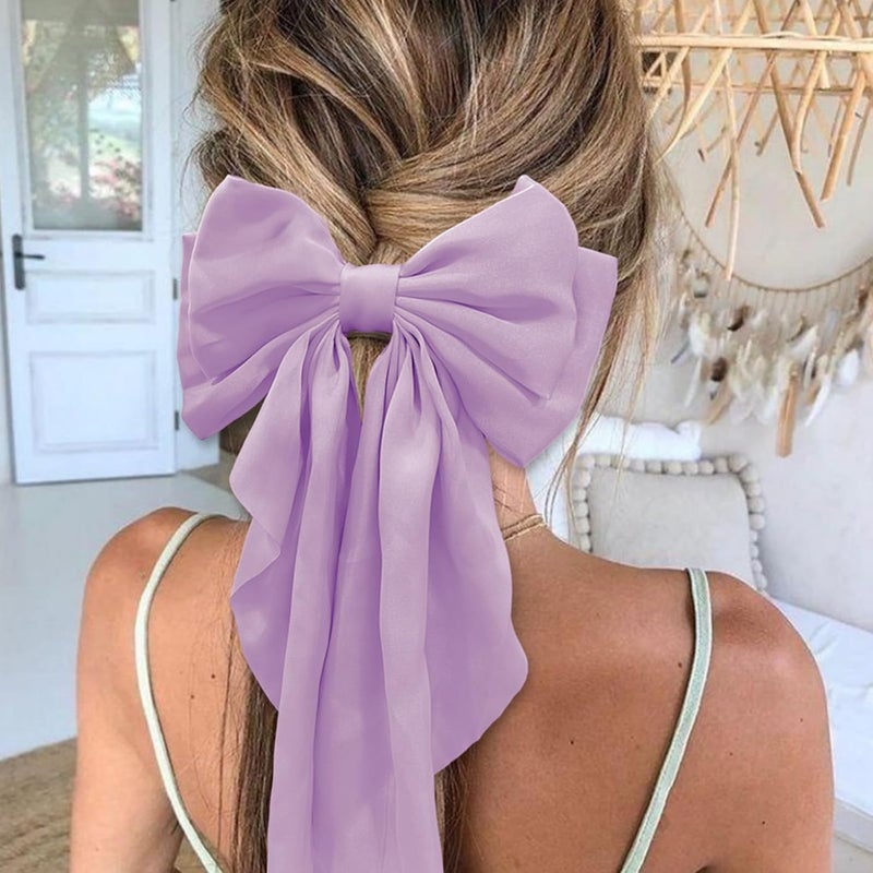 illpta Large Bow Hair Clips with Long Tails - Ribbon Bowknot Pins Accessories for Women, Party Gifts for Girls (Purple) - Image 4